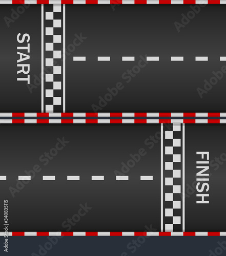 Race track with start and finish line for car. Asphalt road on f1. Texture for racing top formula. Pattern of fast speedway. Racetrack on street. Surface for auto-moto sport. Auto wallpapers. Vector