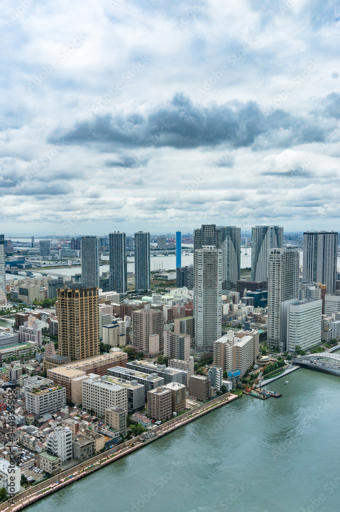 Aerial drone view of Tokyo cityscape with skyscrapers business offices