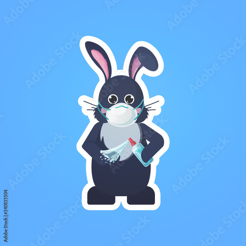 rabbit in mask applying antibacterial spray disinfection to prevent covid-19 virus spreading happy easter spring holiday coronavirus pandemic concept cute bunny sticker vector illustration