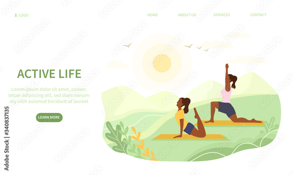 Young women doing yoga exercises outdoors amongst in pakland in a health and fitness or healthy lifestyle concept, vector illustration
