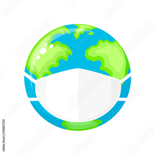Planet Earth with face mask protect. Environmental pollution concept. Fine dust, air pollution, industrial smog, pollutant gas emission. Vector illustration.