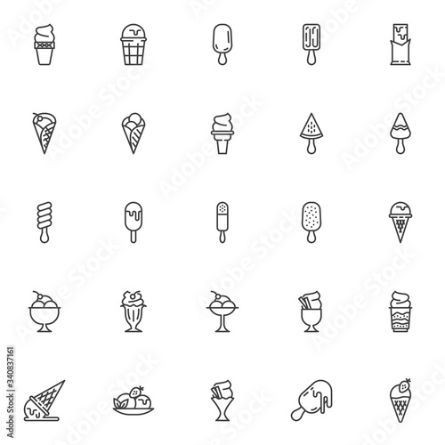 Ice cream line icons set. linear style symbols collection, outline signs pack. vector graphics. Set includes icons as sundae scoop, waffle ice cream cone, popsicle, fruit sorbet bowl, frozen treat