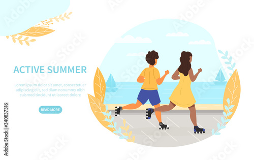Summer activities vector design with young couple skating, a young boy and girl, roller skating on a waterfront promenade
