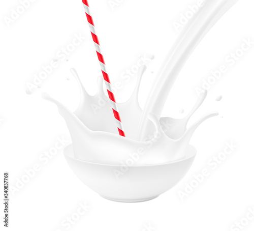 Bowl with milk splashes, drops and straw isolated on white background. Vector illustration. Can be use for your design. EPS10.