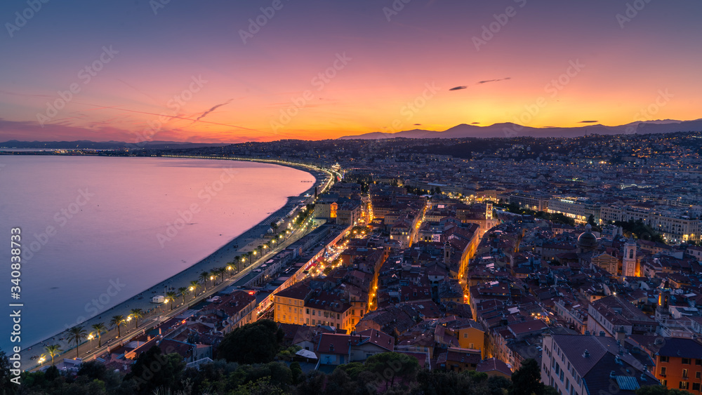 Evening aerial view of Nice from viewpoint on Castle Hill at sunset