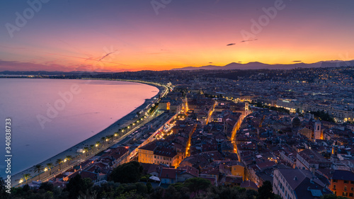 Evening aerial view of Nice from viewpoint on Castle Hill at sunset