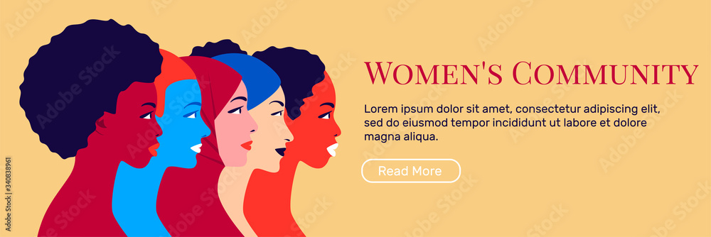 Multinational sisterhood community. Young multi ethnic women in profile. Concept for social campaign. Fashion and beauty. Bright vector illustration in flat style. Cultural and religion equality. - obrazy, fototapety, plakaty 