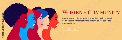 Multinational sisterhood community. Young multi ethnic women in profile. Concept for social campaign. Fashion and beauty. Bright vector illustration in flat style. Cultural and religion equality.