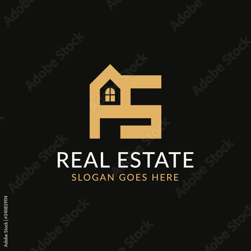 Creative real estate PS letter logo design. House, Property development, construction and building icon template. Isolated in dark background with gold color. Minimalist home vector in eps 10.