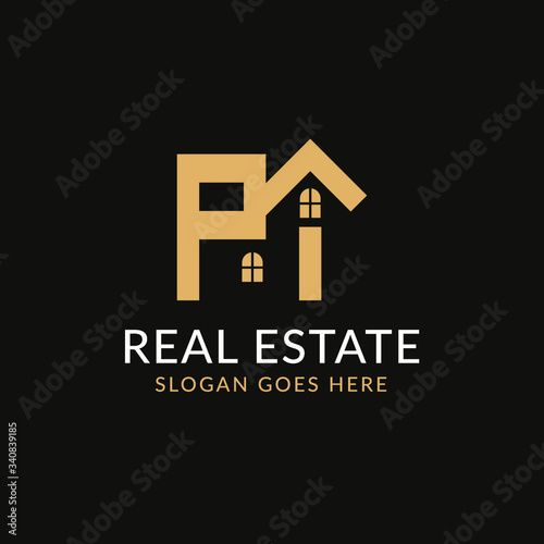 Creative real estate PT letter logo design. House, Property development, construction and building icon template. Isolated in dark background with gold color. Minimalist home vector in eps 10.