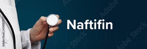 Naftifin. Arzt im Kittel hält Stethoskop. Das Wort Naftifin steht daneben. Symbol für Medizin, Krankheit, Gesundheit photo