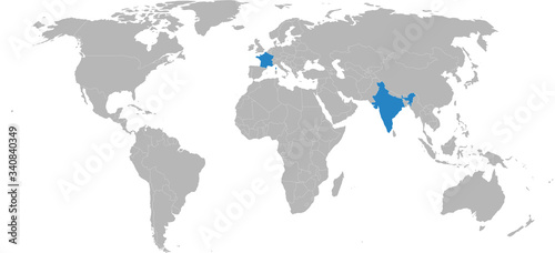 France  india countries highlighted on world map. Light gray background. Trade  investment  cultural  education and transport relations.