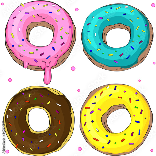 Appetizing donuts with icing of different colors. High quality vector illustration.