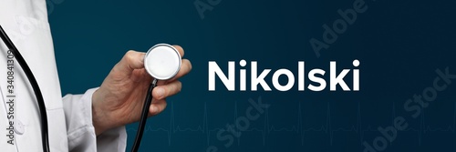 Nikolski. Arzt im Kittel hält Stethoskop. Das Wort Nikolski steht daneben. Symbol für Medizin, Krankheit, Gesundheit photo