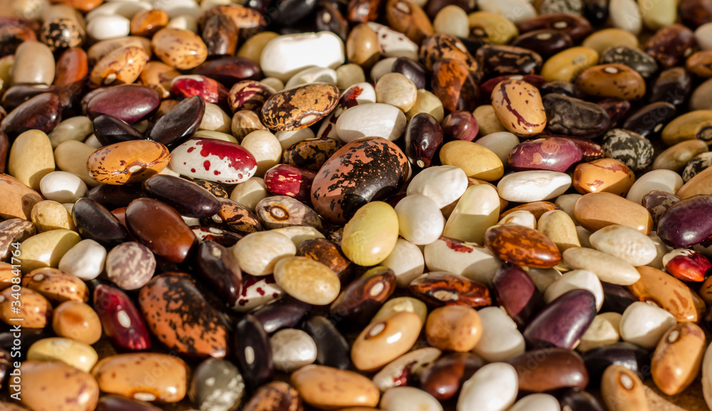 mix of many colorful beans, healthy food, background of advertising for groceries