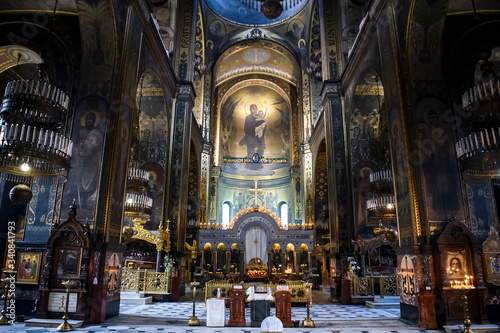 Interior of the St. Volodymyr's Cathedral with altar and fragments of frescoes wall paintings. Kyiv, Ukraine. April 2020