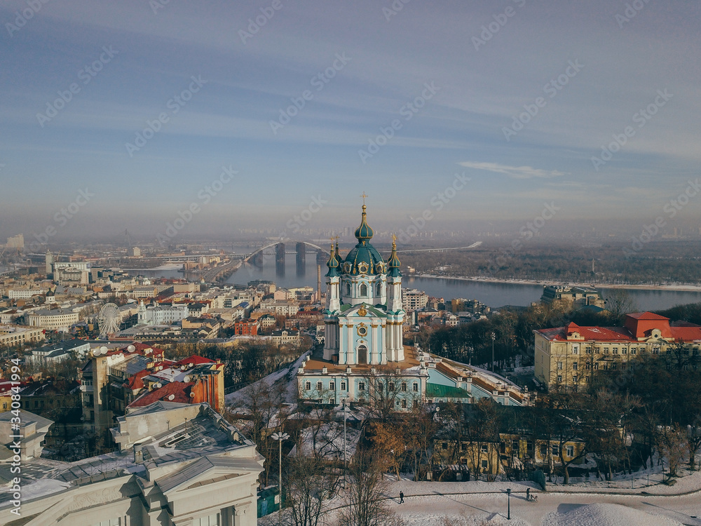 Aerial top view of Saint Andrew's church, cityscape of Kiev (Kyiv) skyline, Ukraine