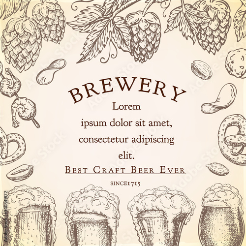Beer background vector. pub banner, flyer template in vintage engraved style. frame with various beer glasses with foam. square beer label with text place on grunge textured backdrop for design.