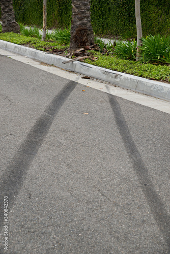 Skid marks from a street racing car crash. 