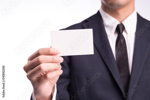 businessman hold business card , contact us concept..