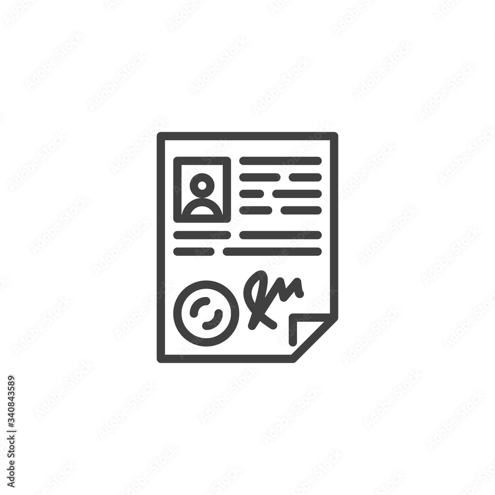 Licence certificate line icon. Personal report linear style sign for mobile concept and web design. Legal document outline vector icon. CV resume symbol, logo illustration. Vector graphics Licence certificate line icon. Personal report linear style sign for mobile concept and web design. Legal document outline vector icon. CV resume symbol, logo illustration. Vector graphics