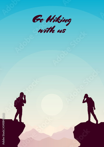 A man stands on top of a mountain yelling to another. The man hears a cry. Collaboration. Trying to understand another person. Climbing on mountain. Vector illustration hiking and climbing