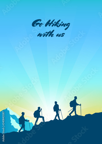 Silhouette traveling people. Climbing on mountain. Vector illustration hiking and climbing team