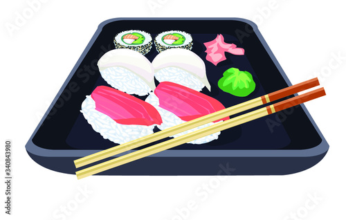 sushi black plate with ginger wasabi and chopsticks japanese food asia rice raw fish sea food icon isolated on white background 