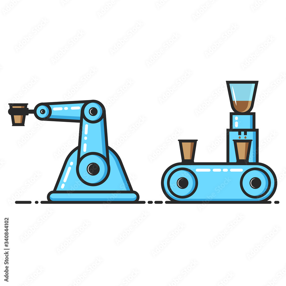 A barista robotic arm delivers a paper cup of coffee from a conveyor belt, a coffee machine with a coffee grinder makes coffee, robot in the fastfood industry, concept food illustration A barista robotic arm delivers a paper cup of coffee from a conveyor belt, a coffee machine with a coffee grinder makes coffee, robot in the fastfood industry, concept food illustration