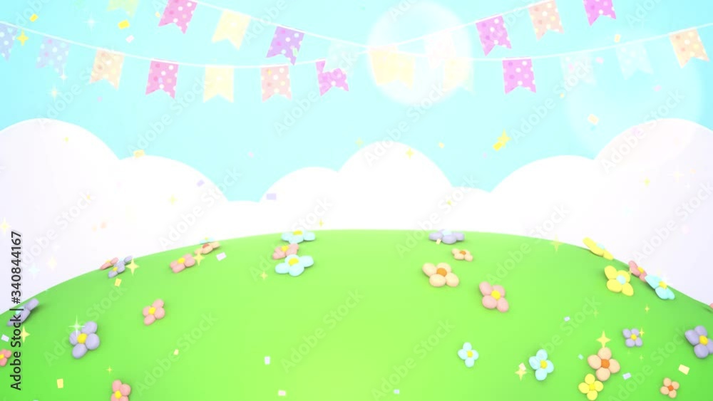 Cartoon green grass field with flowers and colorful bunting flags. (Looped) Cartoon green grass field with flowers and colorful bunting flags. (Looped)