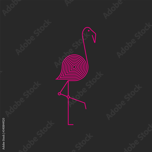 Flamingo logo monogram of pink thin lines, silhouette of a bird standing on one leg, creative linear emblem.