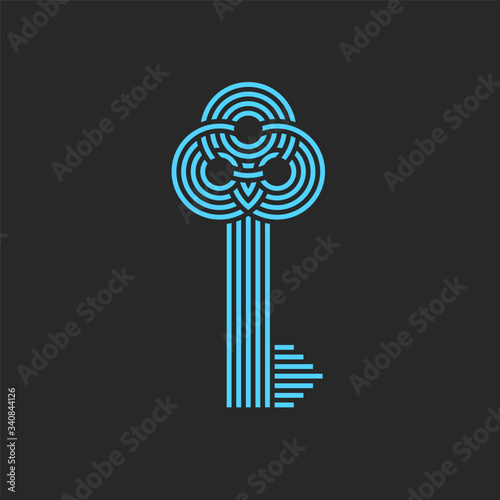 Vintage key logo patterned monogram from interweaving of blue thin lines, home symbolic sign in Celtic style