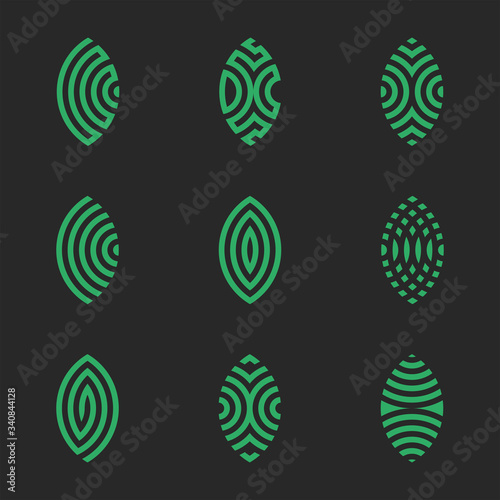 Logo patterned green leaf plants icon set in ornate linear minimalist style.