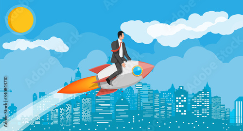 Successful business man flying on rocket on graph going up to target. Businessman on flying space ship. New business or startup. Idea, growing, success, start up strategy. Flat vector illustration © absent84