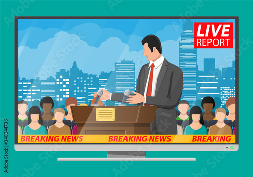 Orator speaking from tribune. Public speaker. Wooden rostrum with microphones for presentation. Stand, podium for conferences, lectures debates. Crowd, demonstrators, protest. Flat vector illustration