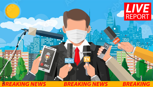 TV news anchorman in mask reads world news about covid-19 coronavirus ncov. Main news reader on television program. Media, journalism and press. Flat vector illustration