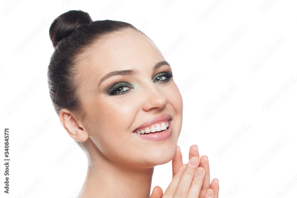 Pretty model woman isolated on white background, beautiful face closeup Pretty model woman isolated on white background, beautiful face closeup