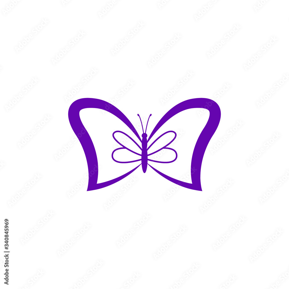 Simple purple Butterfly logo design template. Colorful icon isolated on white background. Clean and modern vector can be used for web. Graphic insect logotype, sign and symbol. Fly label illustration.