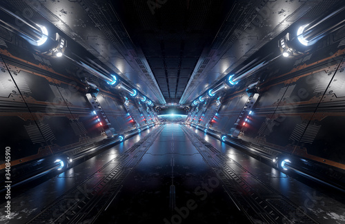 Fototapeta Naklejka Na Ścianę i Meble -  Blue and red futuristic spaceship interior with window view on planet Earth 3d rendering