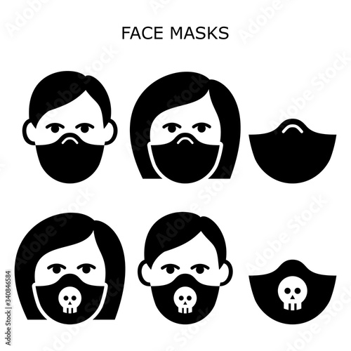 Man and woman wearing safety face masks vector icons set - masks worn during self-distancing to prevent disease, virus, air pollution, contaminated air

