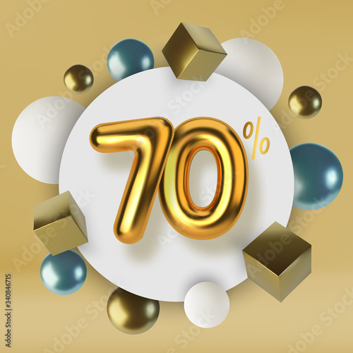 70 off discount promotion sale made of 3d gold text. Number in the form of golden balloons.Realistic spheres and cubes. Abstract background of primitive geometric figures.