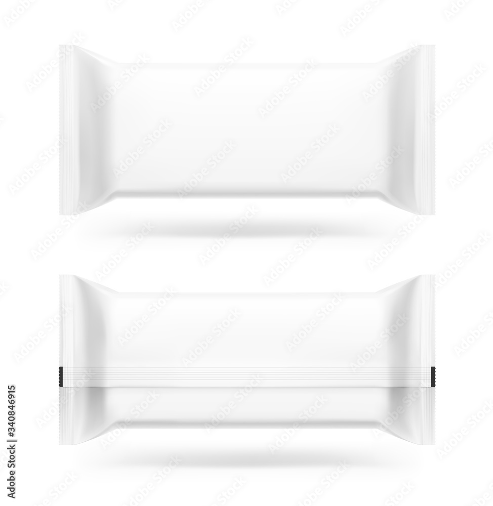 : Realistic flow pack mockup. Front and back view. Vector illustration isolated on white background. Easy to use for presentation your product, idea, design. EPS10. : Realistic flow pack mockup. Front and back view. Vector illustration isolated on white background. Easy to use for presentation your product, idea, design. EPS10.