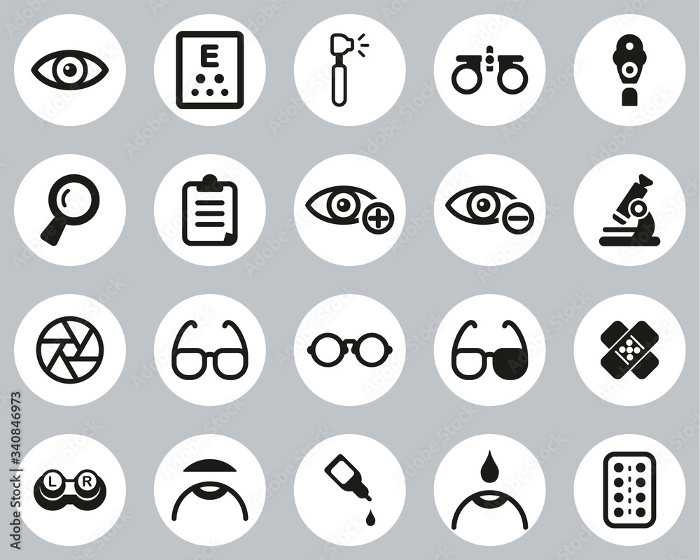 Optometry Exam & Optometry Equipment Icons Black & White Flat Design Circle Set Big