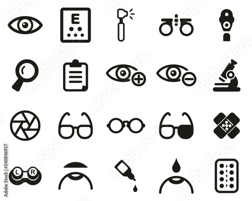 Optometry Exam & Optometry Equipment Icons Black & White Set Big