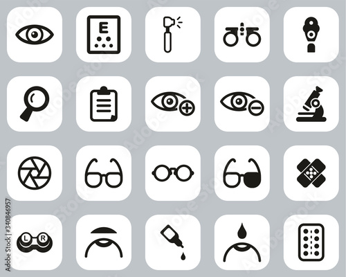 Optometry Exam & Optometry Equipment Icons Black & White Flat Design Set Big