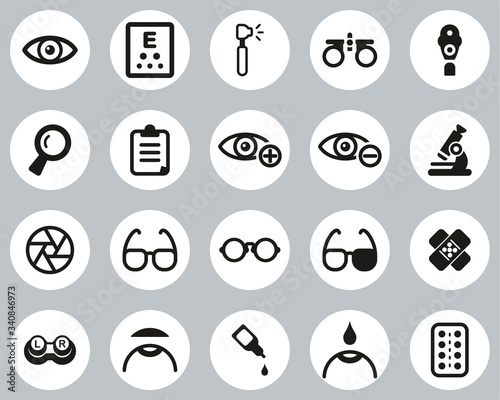 Optometry Exam & Optometry Equipment Icons Black & White Flat Design Circle Set Big