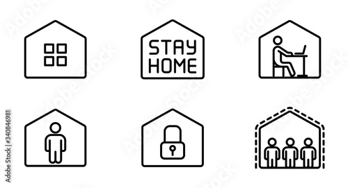 Stay home outline vector icons isolated on white background. 2019-nCoV coronavirus prevention. Stay home lettering. Work at home