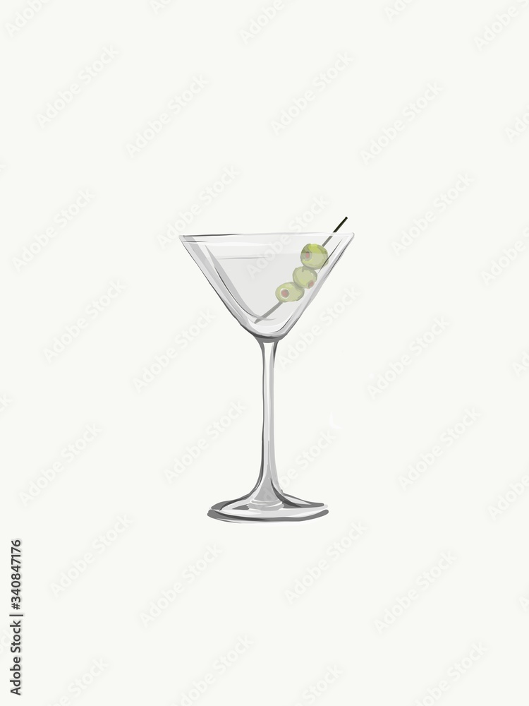 A hand drawn illustration of a dirty martini served with three olives in a traditional style glass. A hand drawn illustration of a dirty martini served with three olives in a traditional style glass.