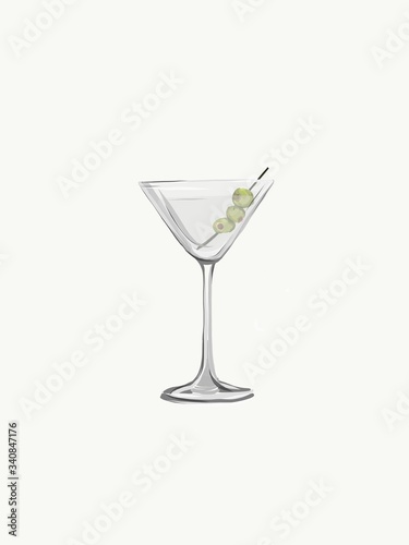 A hand drawn illustration of a dirty martini served with three olives in a traditional style glass. 