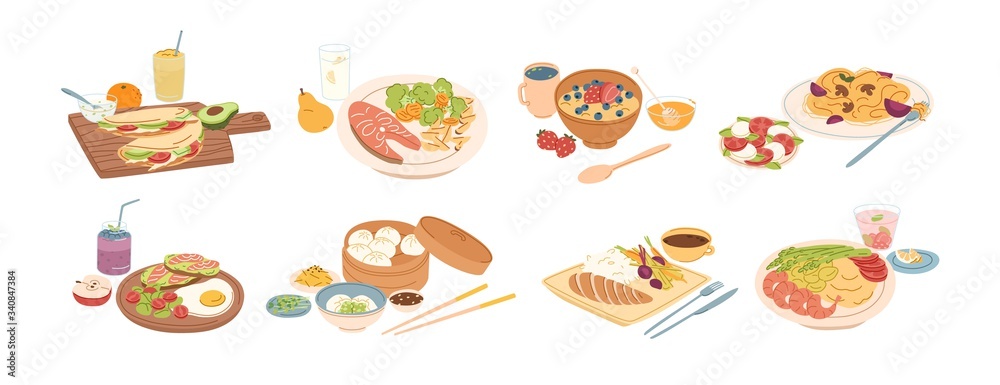 Set of different breakfast, lunch and dinner isolated on white background. Collection of cartoon appetizing fresh food and drink vector graphic illustration. Tasty colorful serving dish Set of different breakfast, lunch and dinner isolated on white background. Collection of cartoon appetizing fresh food and drink vector graphic illustration. Tasty colorful serving dish